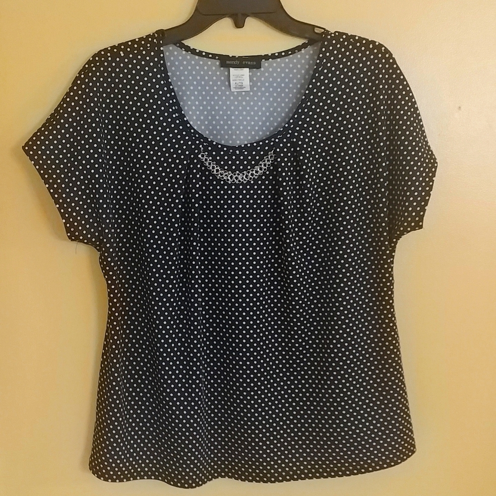 MANDY EVANS Black Polkadot Top w/ Faux Chain Necklace Embellishment XL